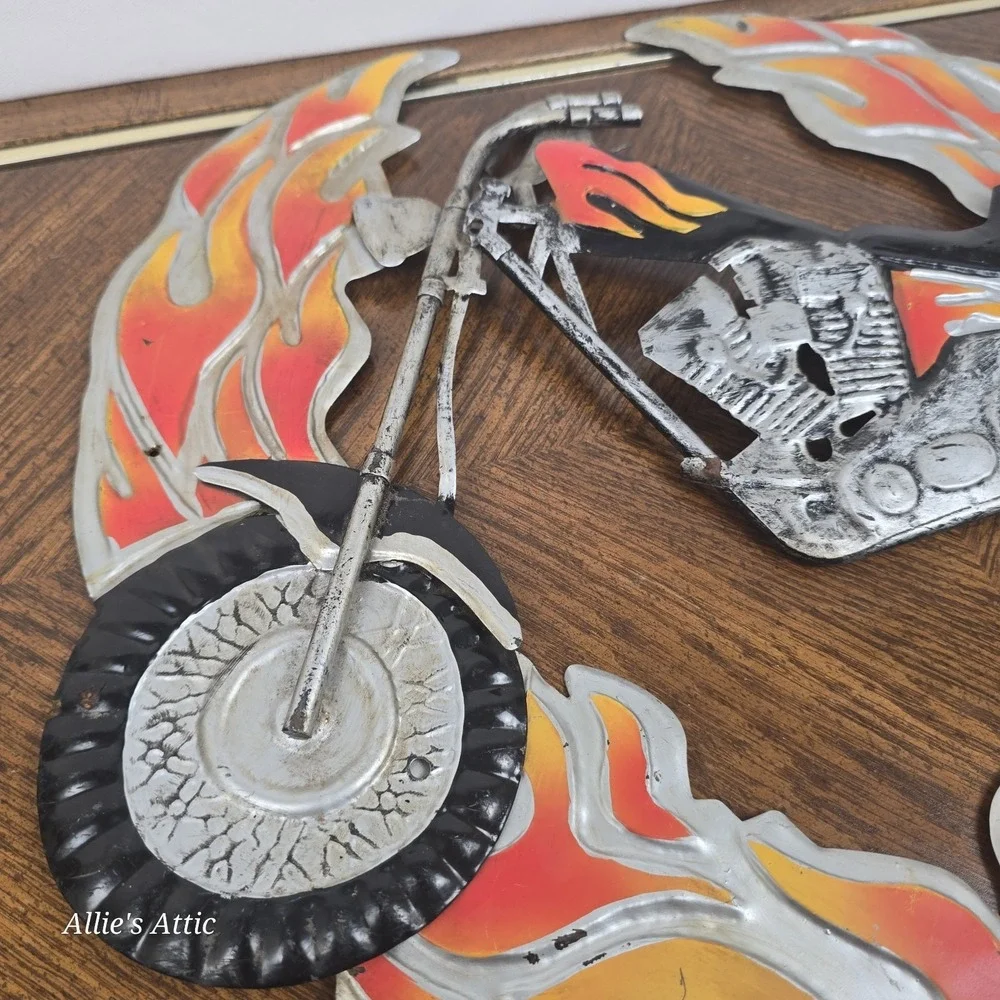 Motorcycle Wall Art Flames Metal‎ 3D Garage Mancave Decor Biker Sign 4 Pc 17